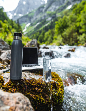 The ultimate remote office setup. A laptop and reusable water bottles rest on a mossy rock beside a crystal-clear mountain stream, embodying the perfect blend of productivity and nature.の素材