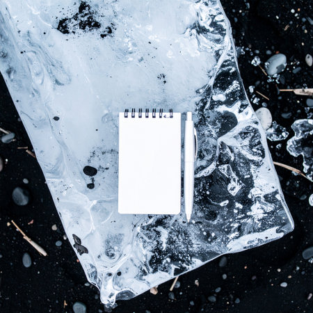 A blank notebook and pen rest on a stark, frozen surface, a canvas for new ideas preserved in the cold.の素材