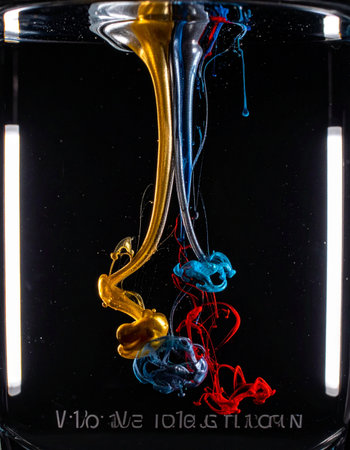 Streams of vibrant red, blue, and golden yellow ink plunge into clear water, erupting into a beautiful, chaotic dance.の素材