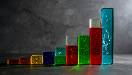 A vibrant bar chart made of colorful liquid-filled blocks rises against a stark concrete background.の素材