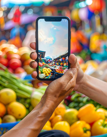 A person holds up their smartphone, perfectly framing the vibrant chaos of a local food market.の素材