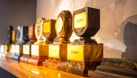 A gleaming collection of trophies and awards sits proudly on a polished wooden shelf, each one a silent testament to past victories, hard work, and moments of triumph.の素材