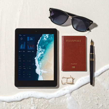 Combining productivity with paradise, this flat lay captures the essence of the modern digital nomad.の素材