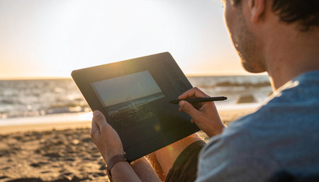 An artist finds inspiration in the tranquil beauty of a sunset over the ocean.の素材