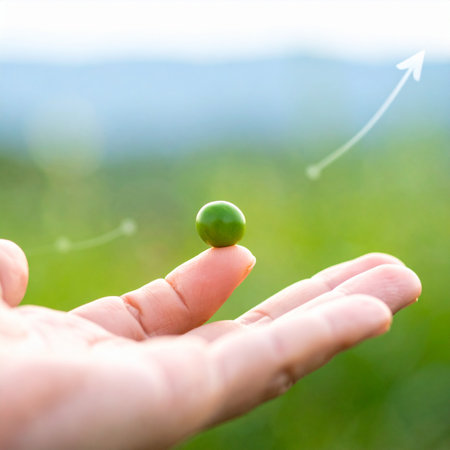 A delicate green sphere, symbolizing a nascent idea or a small investment, is perfectly balanced on a fingertip.の素材