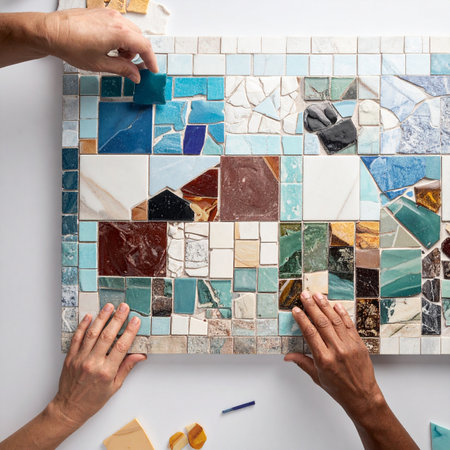 From a top-down perspective, two pairs of hands meticulously arrange colorful tile fragments, piecing together a unique mosaic artwork.の素材
