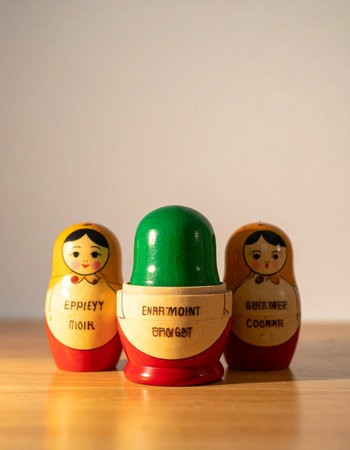 A charming set of three vintage Matryoshka dolls stands in a neat row on a wooden table.の素材