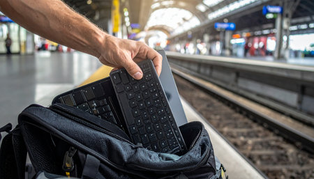 A digital nomad packs his portable, foldable keyboard into a bag while waiting on a train station platform.の素材