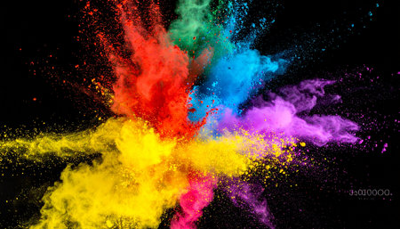 A vibrant burst of multi-colored powder erupts against a stark black background, symbolizing a moment of pure creative energy and joyful celebration.の素材