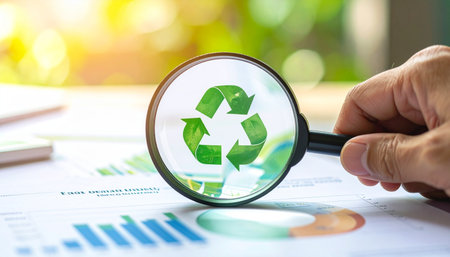 A business professional uses a magnifying glass to closely inspect a recycling symbol on a report, symbolizing a deep dive into corporate sustainability, ESG performance, and environmental impact ana.の素材