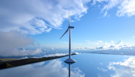 A solitary wind turbine stands tall above a sea of clouds, its form perfectly mirrored in a still, reflective surface below.の素材