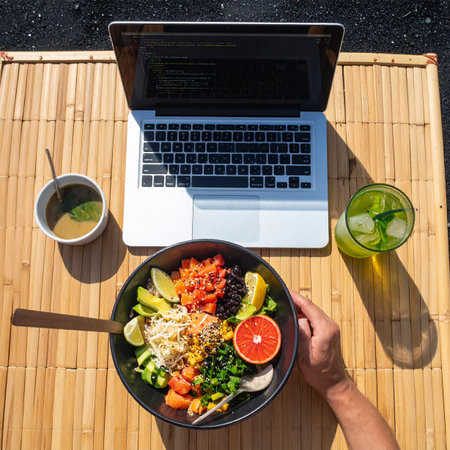 A top-down view captures the essence of a modern work-life balance.の素材