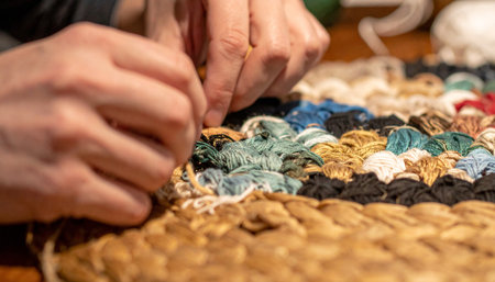 With focused patience, an artisan's hands meticulously weave colorful fabric scraps together, transforming discarded materials into a beautiful and traditional braided rug.の素材