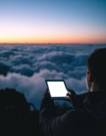 A man stands silhouetted against a breathtaking sunset, high above a sea of clouds.の素材