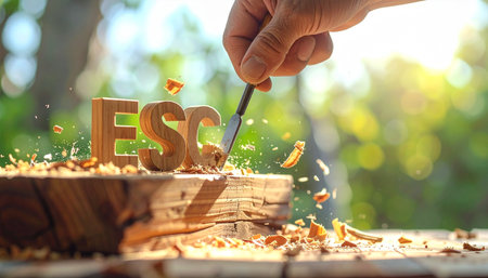 A skilled artisan carefully carves the letters 'ESG' from a block of wood, with shavings flying in the warm sunlight.の素材