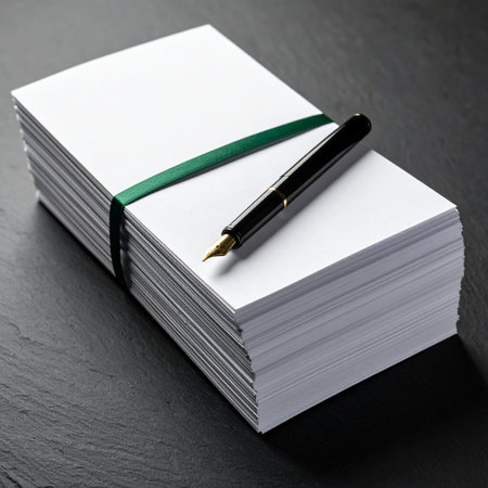 A classic fountain pen rests atop a pristine stack of blank stationery, ready for the first stroke of inspiration.の素材