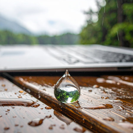 A single, perfect raindrop rests on a wet wooden surface, capturing and refracting the lush green forest behind it like a crystal ball.の素材