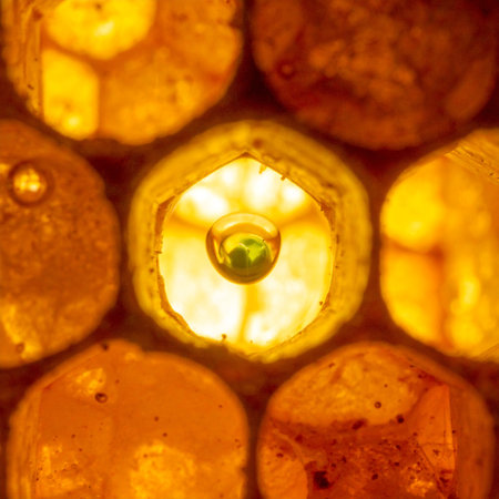 A powerful central core of light radiates warmth and energy, illuminating a complex, honeycomb-like structure.の素材