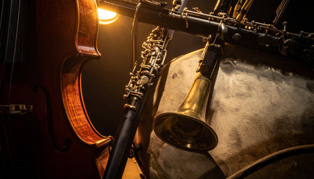A collection of classical and jazz instruments, including a cello, oboe, and saxophone, rests in the warm, atmospheric glow of a single light.の素材