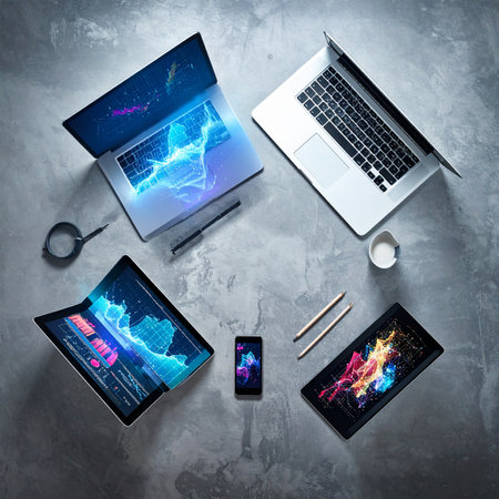 A top-down view of a modern professional's digital arsenal.の素材