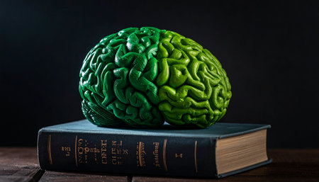 A vibrant green brain, symbolizing fresh ideas and intellectual growth, rests upon a classic, weathered book.の素材
