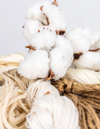 A close-up composition showcasing the pure, soft texture of raw cotton bolls resting on a bed of natural jute and textile fibers.の素材