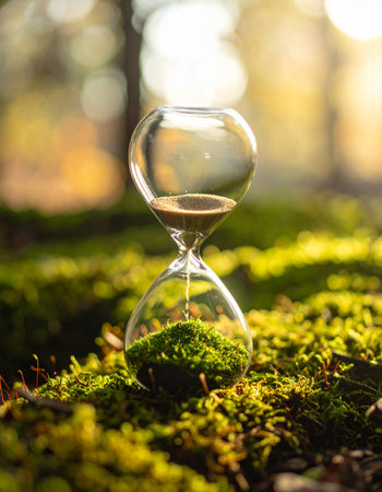 In a sun-dappled forest, an hourglass measures time not with falling sand, but with the slow, patient growth of moss.の素材