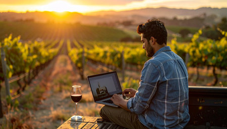 A young entrepreneur enjoys the perfect work-life balance, working on his laptop with a glass of red wine as the sun sets over a beautiful vineyard.の素材