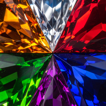 A dazzling macro view captures the heart of a faceted crystal, where light refracts into a brilliant spectrum of color.の素材