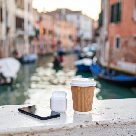A quiet morning begins in Venice, Italy. A cup of fresh coffee, a smartphone, and wireless earbuds rest on a historic bridge, ready for a day of exploration.の素材