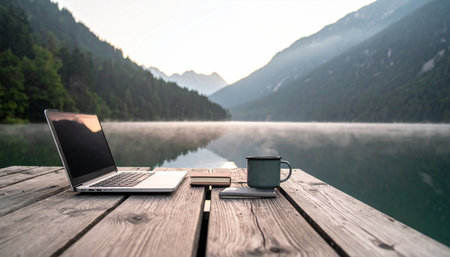 An inspiring outdoor office setup on a rustic wooden dock. A laptop, coffee, and notebook await the start of a productive day, surrounded by the tranquil beauty of a misty mountain lake at sunrise.の素材