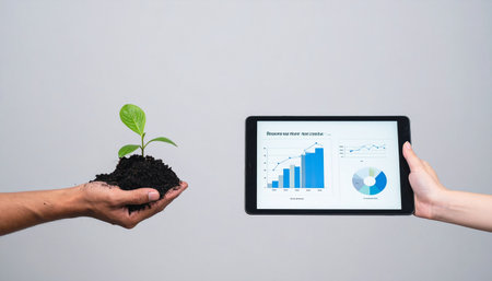 A powerful visual metaphor comparing organic, natural growth with modern data-driven business strategy.の素材