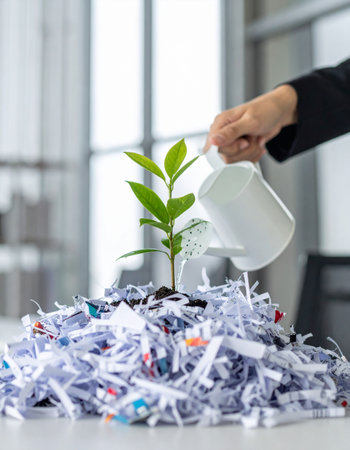 A business professional's hand waters a small green sapling emerging from a pile of shredded office paper.の素材