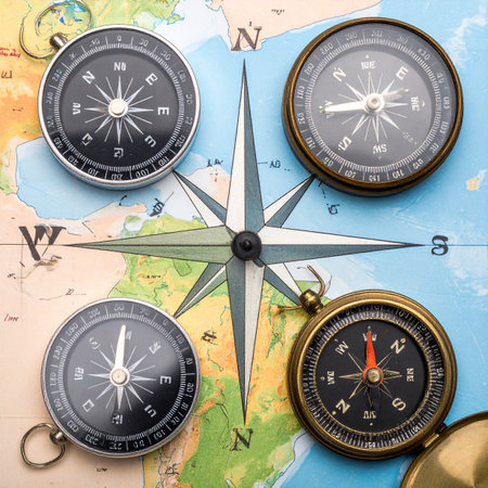 A collection of diverse compasses laid out on a world map symbolizes the many paths and strategic choices available for global travel, business, or life's journey.の素材