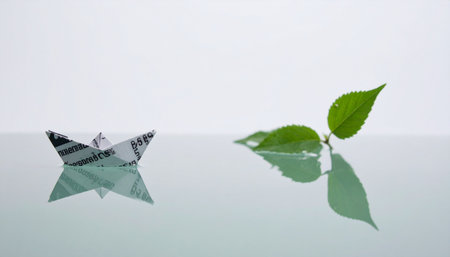 A paper boat made from a dollar bill floats towards a green sprout, symbolizing the journey of capital towards sustainable growth and eco-friendly investment.の素材