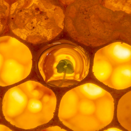 In the heart of a glowing, golden honeycomb, a tiny green sprout defies expectations, symbolizing new beginnings, hope, and the surprising resilience of nature.の素材