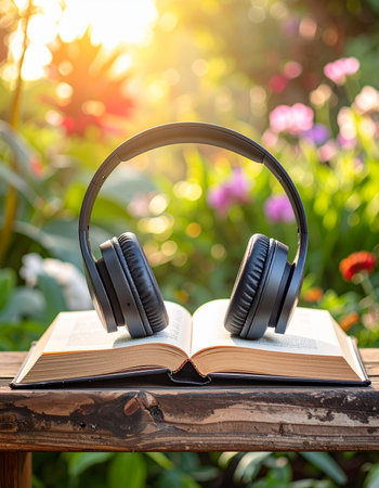 Escape into a story with an audiobook amidst the tranquility of a sun-drenched summer garden.の素材