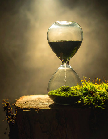 In a quiet, dramatically lit scene, a vintage hourglass rests upon a natural wood stump adorned with fresh green moss.の素材