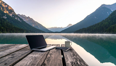 The perfect remote office setup. A laptop and coffee sit on a rustic wooden pier, offering an inspiring and tranquil workspace with a stunning view of a calm mountain lake at sunrise.の素材