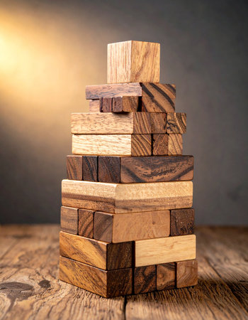 Each block, with its unique grain and texture, is carefully placed, building a precarious tower that represents growth, strategy, and the delicate balance between risk and stability.の素材