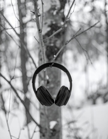 In the quiet hush of a winter forest, a pair of headphones hangs from a bare branch, left behind.の素材