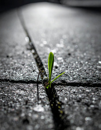 In a stark, monochrome urban landscape, a single, vibrant green sprout defies the odds, pushing through a crack in the cold, hard concrete.の素材