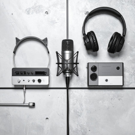 A top-down view of a modern content creator's toolkit.の素材