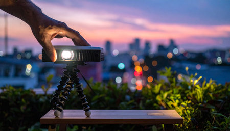 Setting up a portable mini projector on a rooftop balcony for a magical movie night.の素材