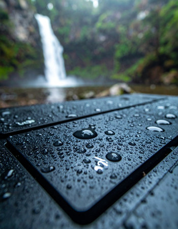 After a refreshing rain shower, water droplets bead up on a dark wooden surface, reflecting the serene beauty of a cascading waterfall in the background.の素材