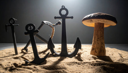 In a dreamlike landscape where the sea meets an enchanted forest, heavy anchors rest in the sand, grounded and stable.の素材