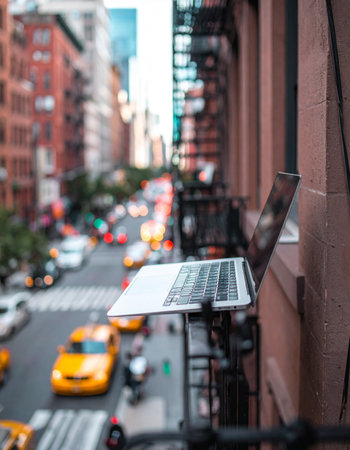 A laptop perches on a fire escape, overlooking the vibrant, blurred chaos of a New York City street.の素材