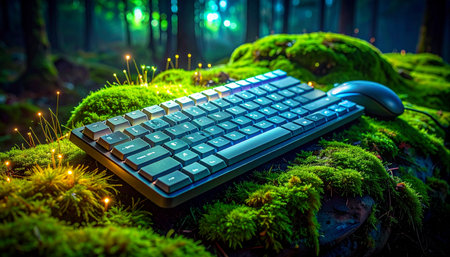 In the heart of an enchanted, glowing forest, a modern keyboard and mouse rest upon a bed of vibrant green moss.の素材