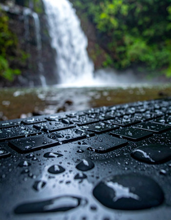 A close-up of water droplets on a laptop keyboard captures the essence of remote work in an idyllic natural setting.の素材