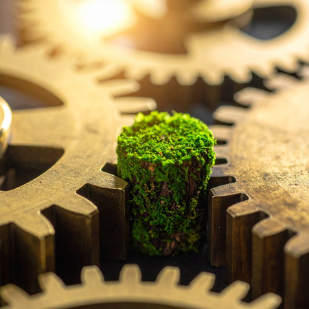 A close-up view of interlocking wooden gears where one cog is replaced by vibrant green moss.の素材